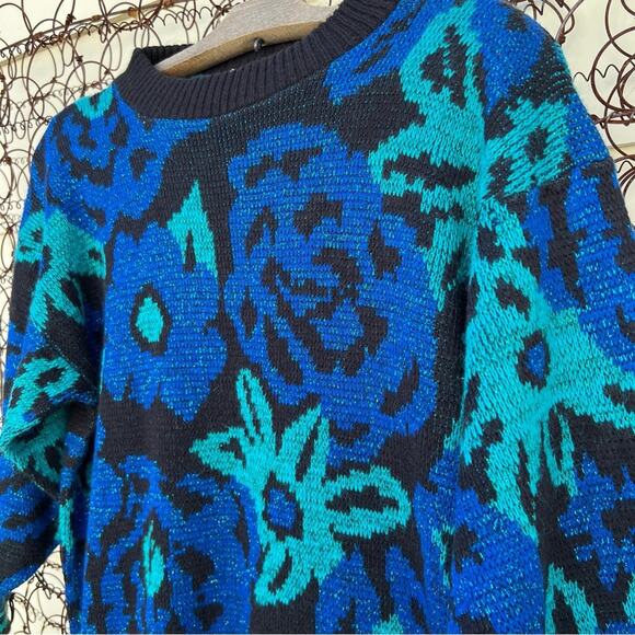 Vintage 80s 90s Metallic Floral Blue Black Knit Tunic Sweater S/M - Picture 2 of 5